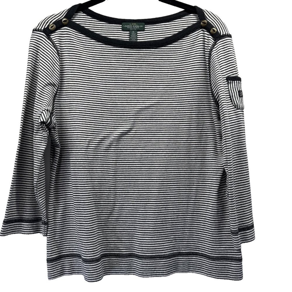Lauren Jeans Ralph Lauren Women's Top Size‎ PL Petite Black White Stripe Cotton